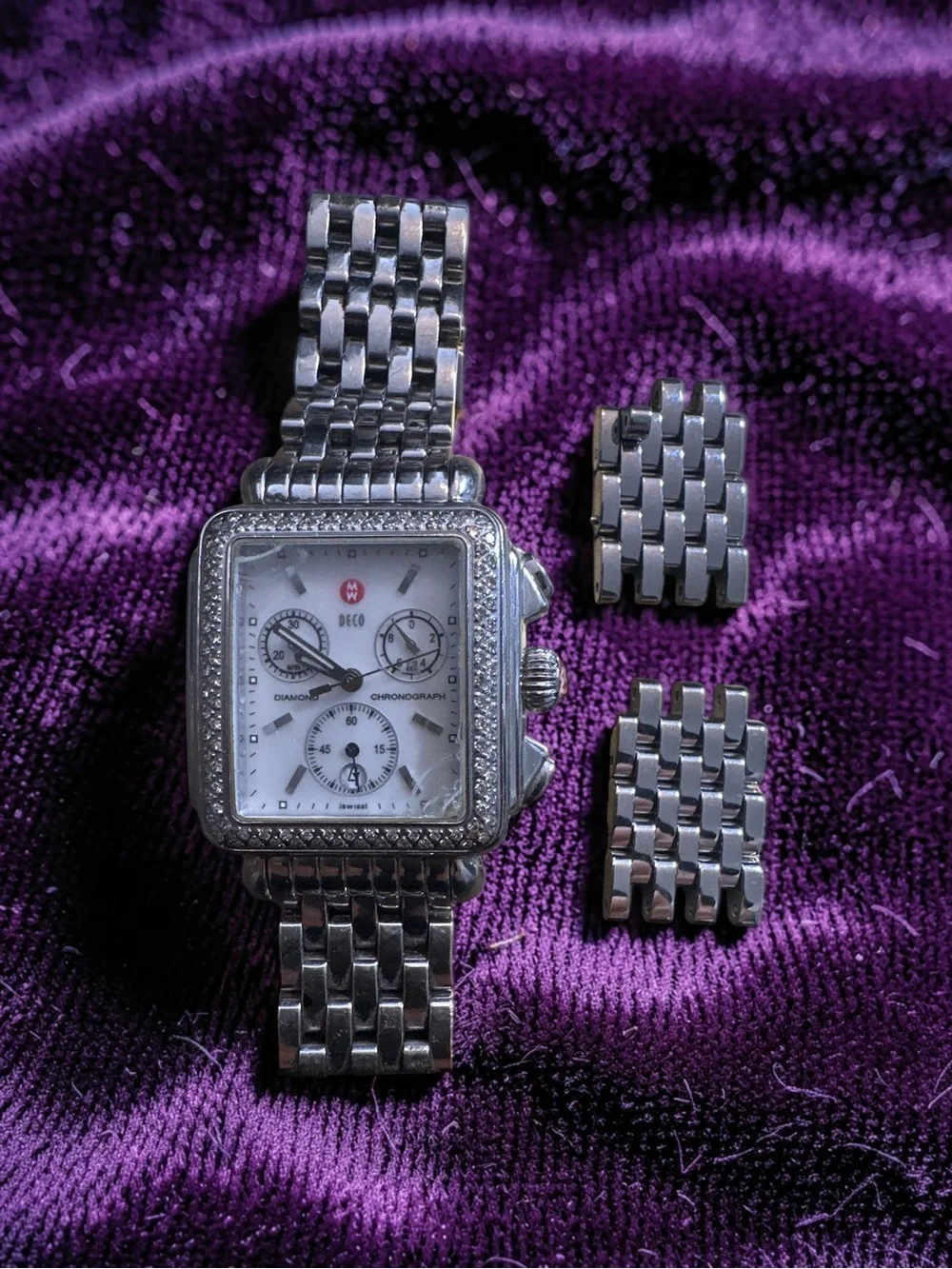 Michele Deco Silver Diamond Dial Watch Women Stainless Steel With 15 Straps